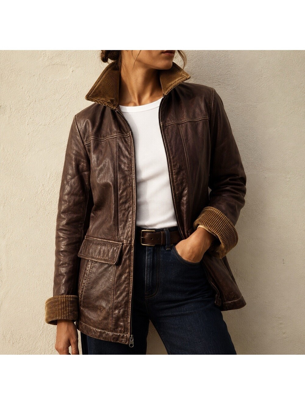Vintage Wilson’s Brown Leather Barn Chore Jacket Corduroy Collar Women’s S